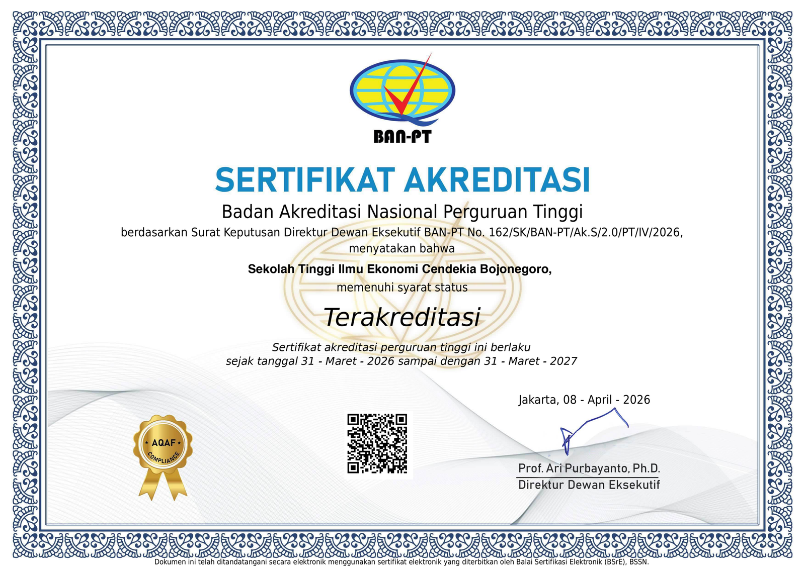 Sertifikat akreditasi terbaru Akreditasi Institusi (STIEKIA)